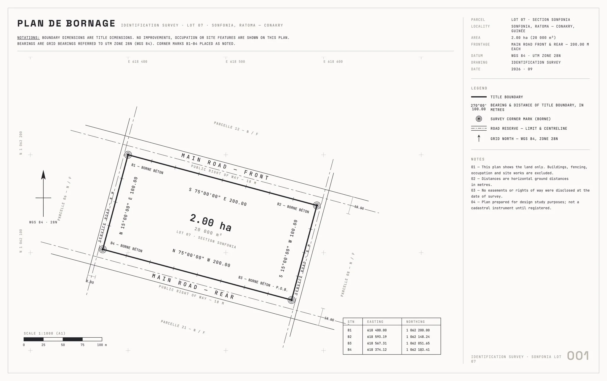 Boundary identification survey of Lot 07, Section Sonfonia: a 2.00 hectare parcel with corner marks B1 to B4, bearings and distances on the WGS 84 UTM Zone 28N grid